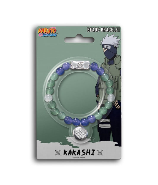 A Naruto Shippuden Kakashi-themed beaded bracelet in its original blister card packaging. The bracelet features translucent green, blue, and white beads with silver metal accents, including a silver Naruto symbol and a silver chakra disc charm.