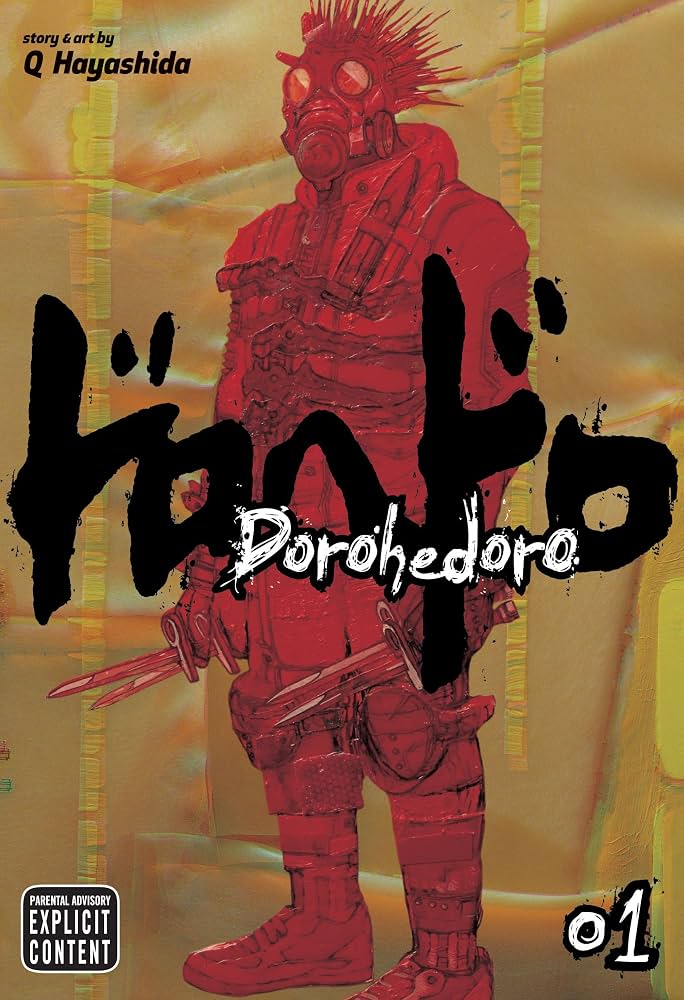Cover of 'Dorohedoro' with a red character and stylized text on an orange background