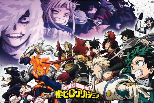 Collage of various animated characters from 'My Hero Academia' with colorful and dynamic poses.
