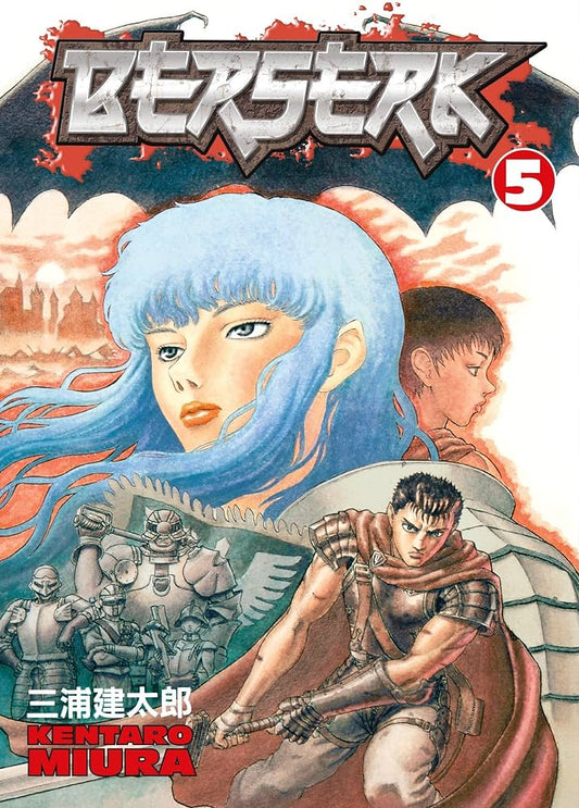 Berserk Volume 5 manga book cover featuring a large illustrated blue-haired woman in the foreground, a male warrior in a red cape in the lower right, armored figures, and the title 'BERSERK' at the top with a red volume number 5.