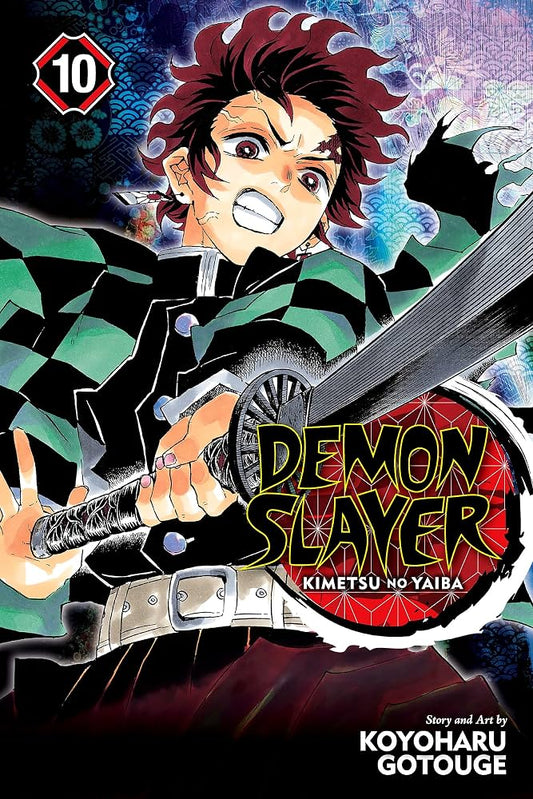 Front cover of Demon Slayer Volume 10, featuring Tanjiro Kamado in a green and black checkered haori holding a sword, with the title 'Demon Slayer' and author name Koyoharu Gotouge on a dark illustrated background.