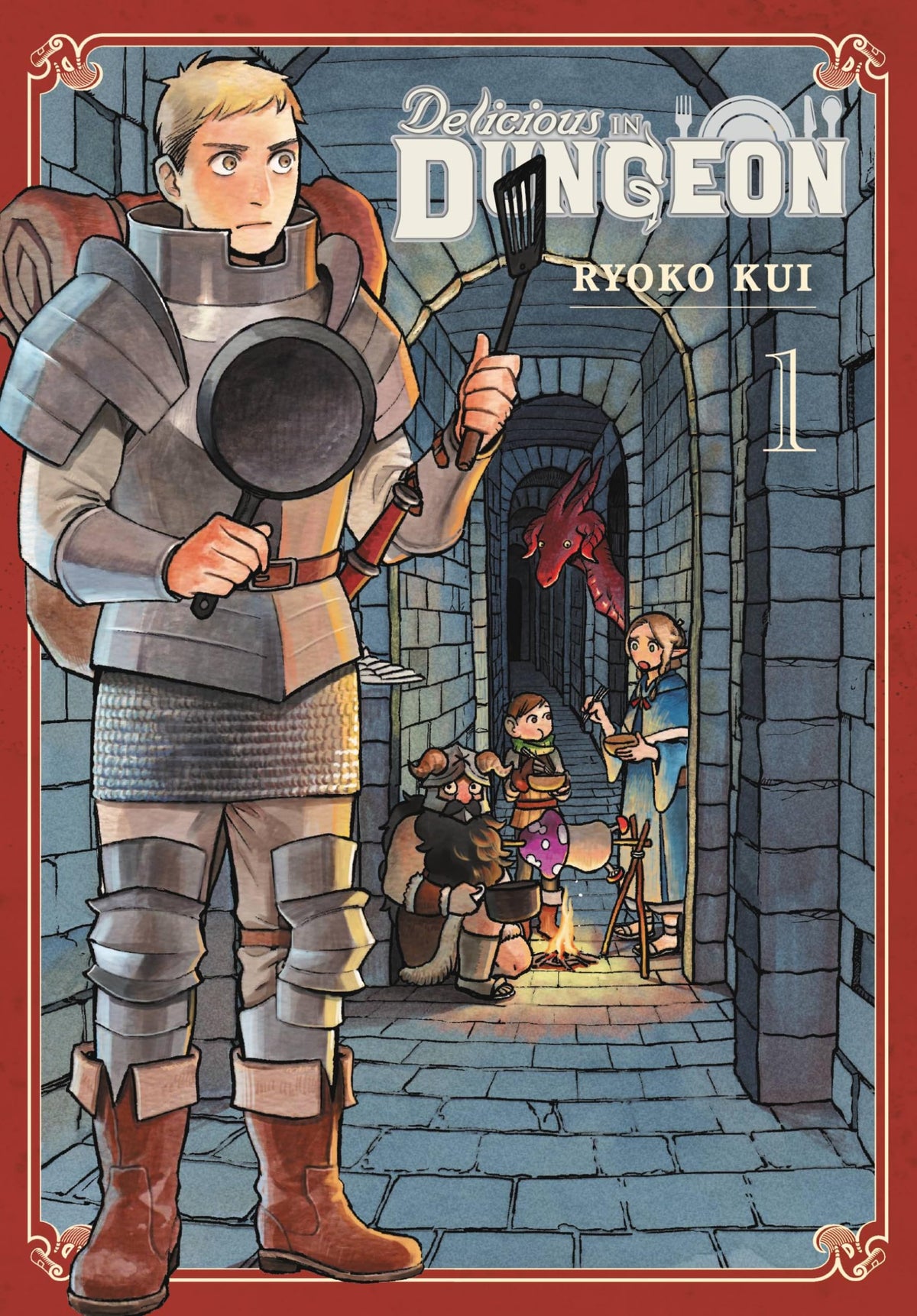 Comic book cover of 'Delicious in Dungeon' featuring a character in armor holding a frying pan.