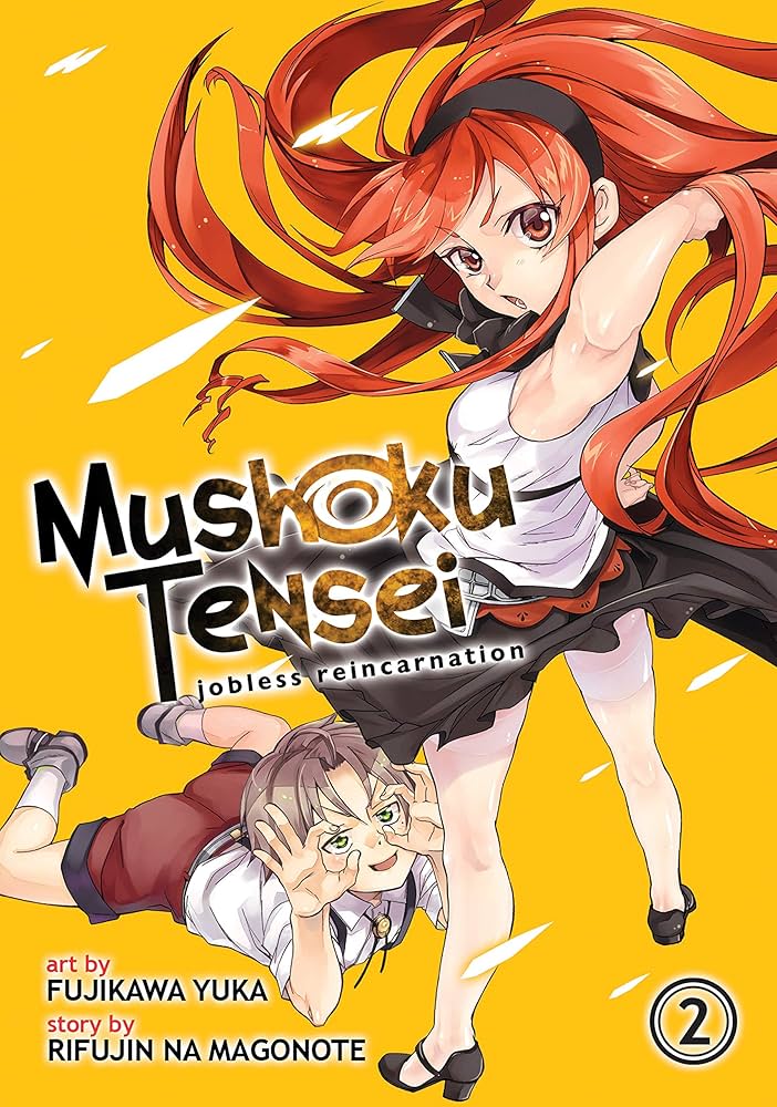 Manga book cover of 'Mushoku Tensei' with two characters on a yellow background