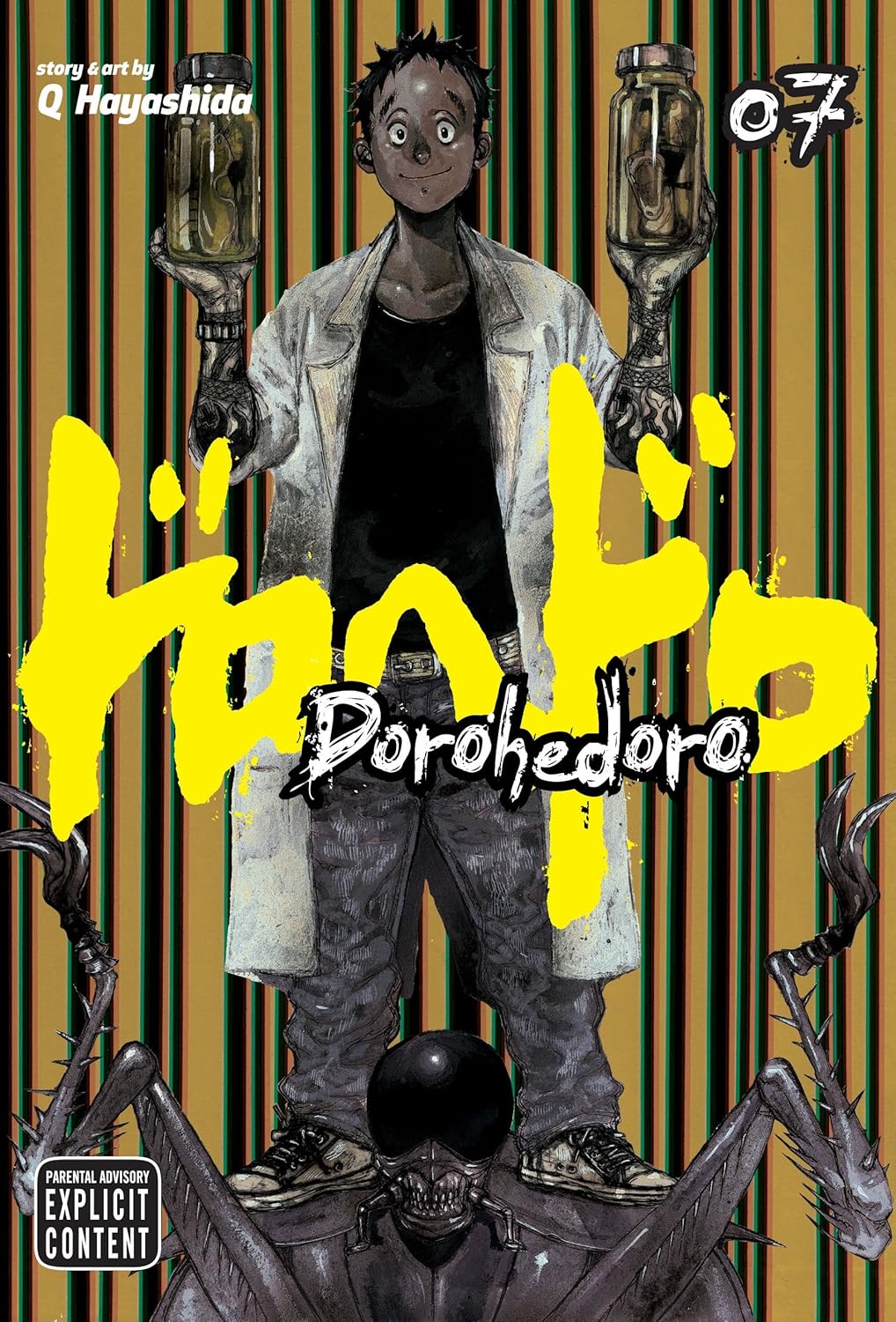 Cover of 'Dorohedoro' with a character holding two hourglass-like objects against a striped background.