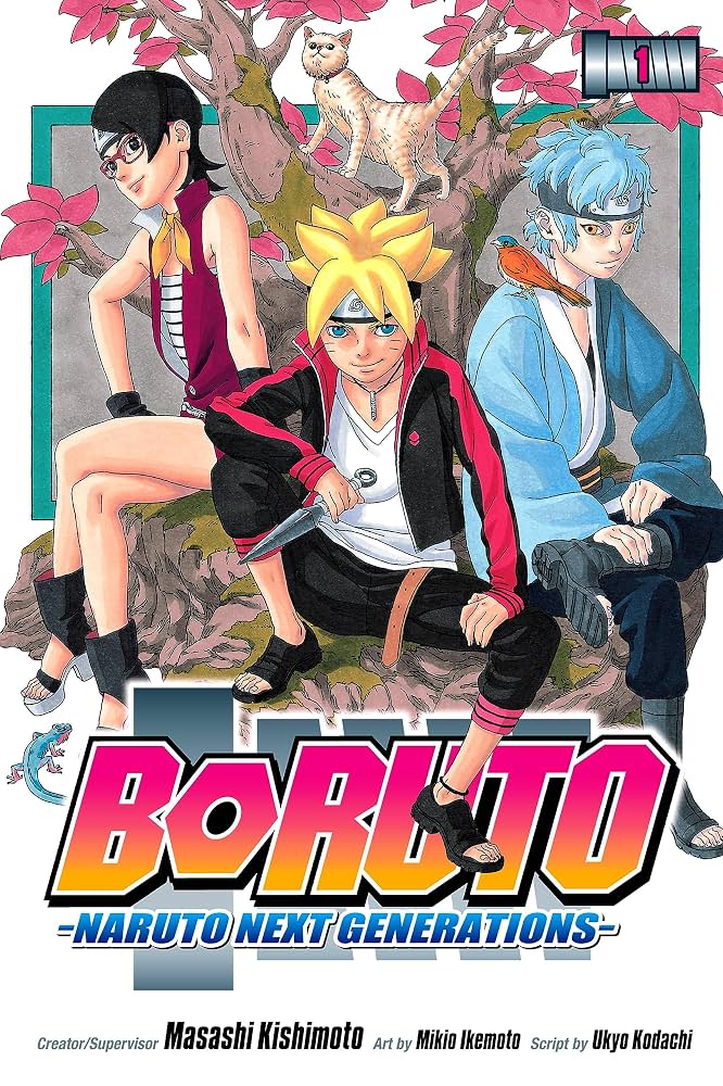 Boruto: Naruto Next Generations Volume 1 manga book cover featuring Boruto Uzumaki in the center, with Naruto and Sakura on either side, set against a background of pink cherry blossoms and a tree trunk.