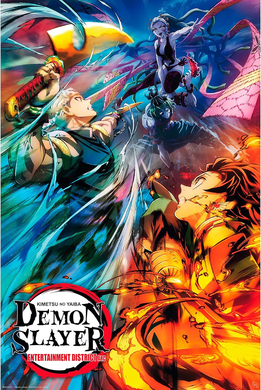 Promotional poster for 'Demon Slayer' with characters in dynamic poses against a colorful background.