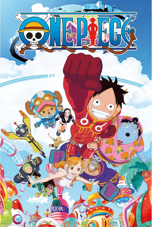 Promotional poster for 'One Piece' with characters and logo.