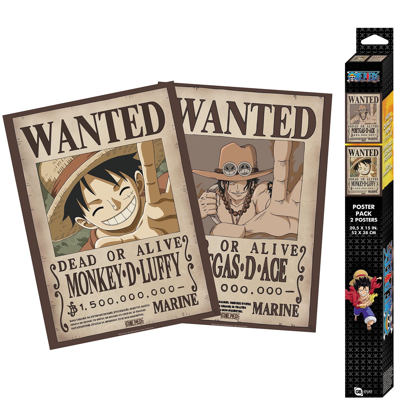 Two 'Wanted' posters featuring characters and a packaging box on a white background