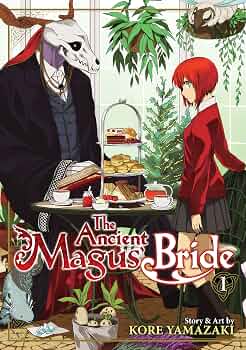 Front cover of the manga book 'The Ancient Magus Bride Volume 1' by Kore Yamazaki, featuring an illustration of a red-haired woman in a red dress standing next to a table with tea and pastries, and a white skeletal figure in a black robe on the left.