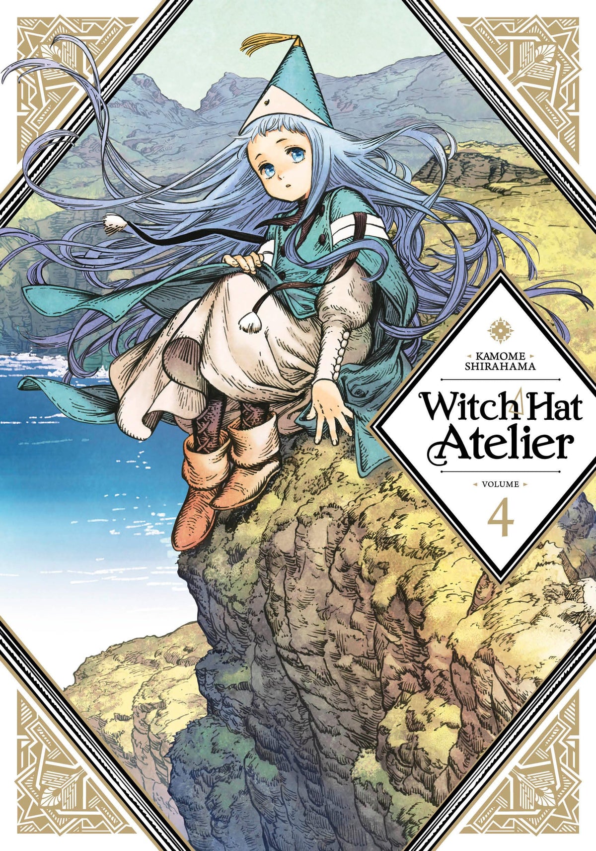 Front cover of the manga volume 'Witch Hat Atelier Volume 4' by Kamome Shikama, featuring an illustration of a young girl with long blue hair wearing a witch hat and a teal-and-white dress, sitting on a rocky cliffside with a sea and mountains in the background.