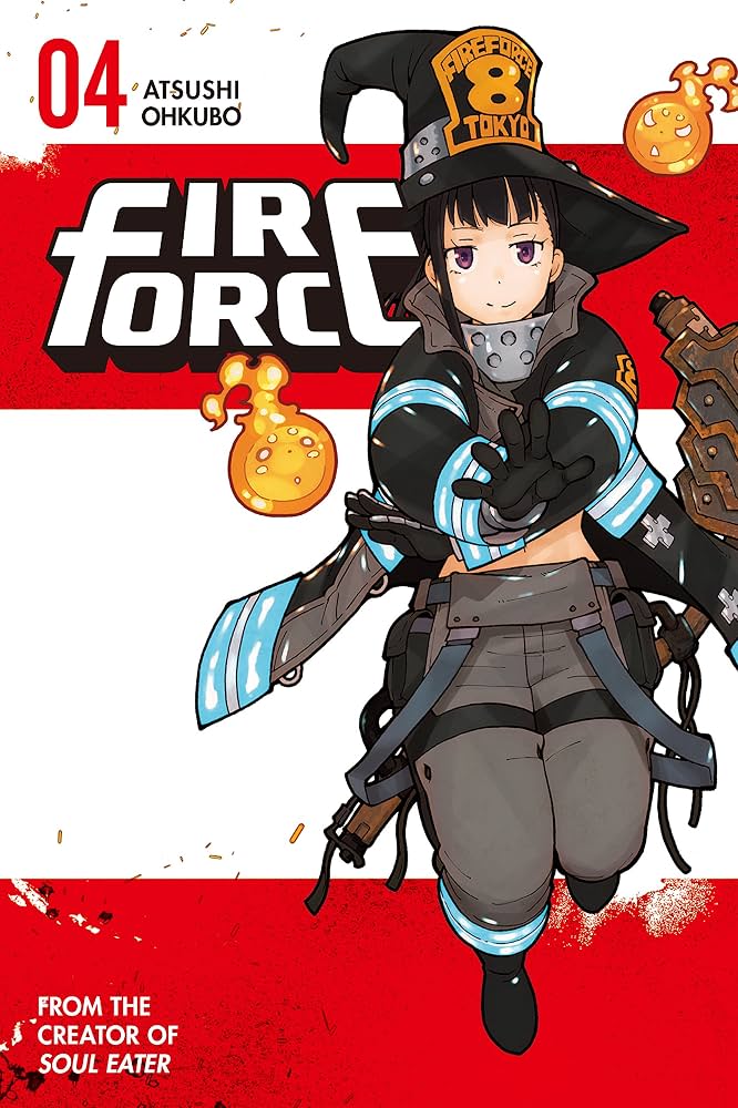 Front cover of Fire Force Volume 4 manga book by Atsushi Ohkubo, featuring an anime-style illustration of a female firefighter character in a black and gray uniform with blue accents, a black hat, and orange floating orbs, on a red and white background.