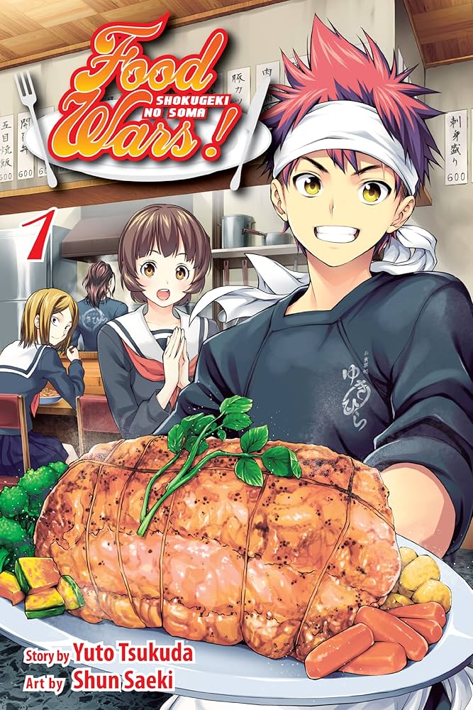 Front cover of the manga volume 'Food Wars! Shukugeki Nō Song!' Volume 1, featuring the main character Kenma Kamado holding a large roasted meat dish in a kitchen setting, with other characters and the title logo visible.