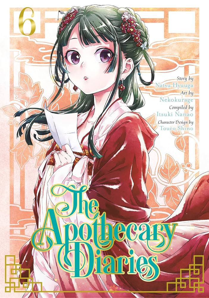 Front cover of the manga volume 6 of The Apothecary Diaries, featuring a detailed illustration of a female apothecary with green hair and purple eyes, wearing a red and white kimono, set against a peach-colored background with traditional Japanese window designs.