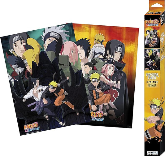 Naruto-themed posters with character illustrations and a box packaging on a white background