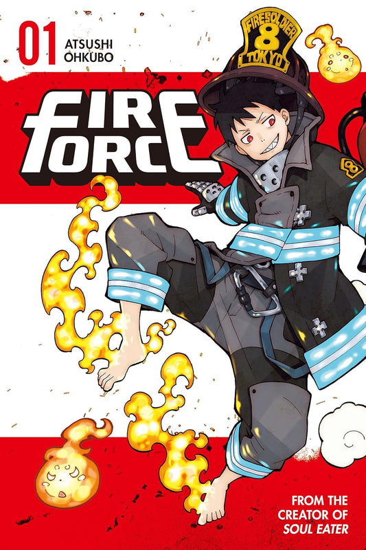 Cover of 'Fire Force' manga with a character in a firefighter uniform on a red background