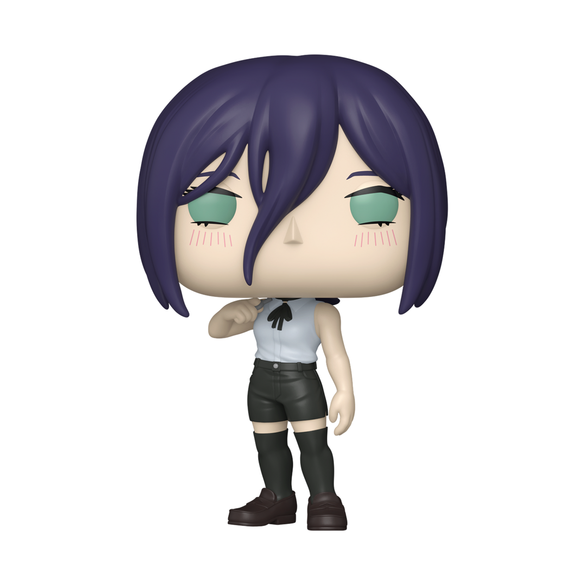 Figurine with purple hair and green eyes on a white background