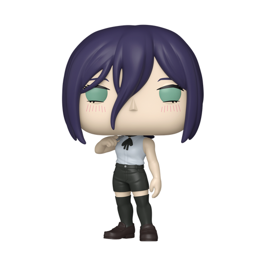 Figurine with purple hair and green eyes on a white background