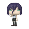 Figurine with purple hair and green eyes on a white background