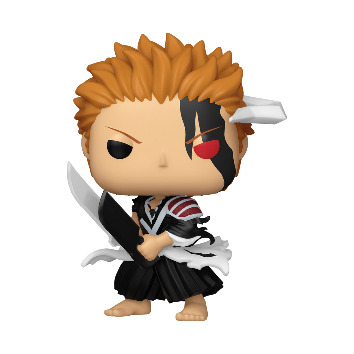 Funko Pop! vinyl figure of Ichigo Kurosaki from Bleach, shown in a dynamic crouching pose holding his sword. The figure features his signature orange hair, black and white eye patch, red eye, and a black and white samurai outfit.