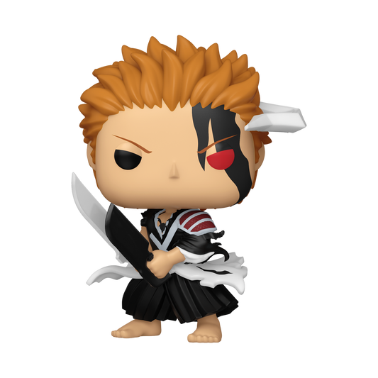 Funko Pop! vinyl figure of Ichigo Kurosaki from Bleach, shown in a dynamic crouching pose holding his sword. The figure features his signature orange hair, black and white eye patch, red eye, and a black and white samurai outfit.