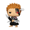Funko Pop! vinyl figure of Ichigo Kurosaki from Bleach, shown in a dynamic crouching pose holding his sword. The figure features his signature orange hair, black and white eye patch, red eye, and a black and white samurai outfit.