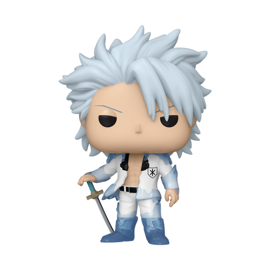 Funko Pop! vinyl figure of the character Tanjiro Kamado from Death Note, featuring his signature spiky white hair, pale skin, white and blue outfit, and holding a sword, isolated on a white background.