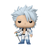 Funko Pop! vinyl figure of the character Tanjiro Kamado from Death Note, featuring his signature spiky white hair, pale skin, white and blue outfit, and holding a sword, isolated on a white background.