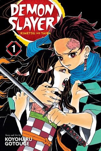 Front cover of Demon Slayer Volume 1 manga book, featuring Tanjiro Kamado and Nezuko Kamado in an action pose with swords, on a black background with the title and creator name visible.