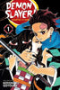 Front cover of Demon Slayer Volume 1 manga book, featuring Tanjiro Kamado and Nezuko Kamado in an action pose with swords, on a black background with the title and creator name visible.