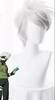 Mannequin head with white hair styled like a character from a popular anime, wearing a green outfit.