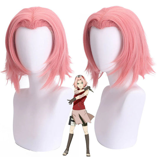 Pink wig on a mannequin head with an anime character illustration below.
