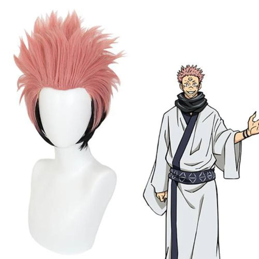 Pink and black wig on a mannequin head with an anime character wearing similar attire in the background.