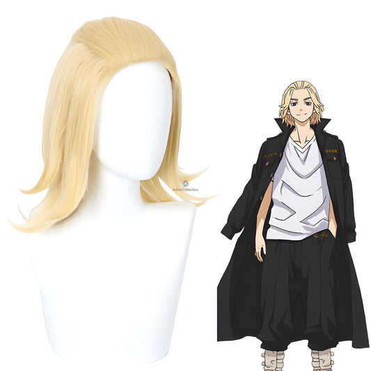 Blonde wig on a mannequin head with an anime-style character illustration next to it.