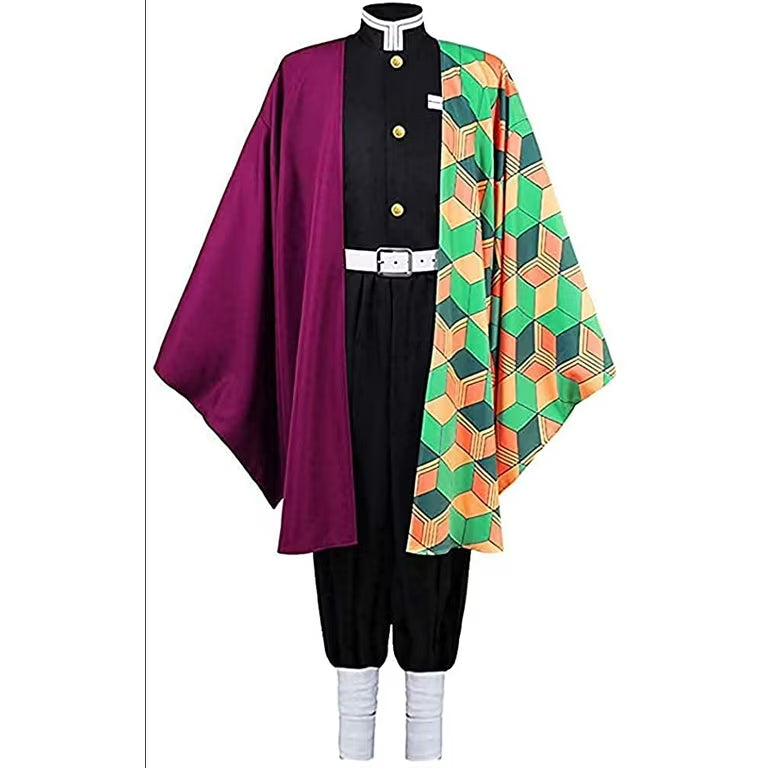 Costume with purple cape and geometric-patterned shawl on a mannequin against a white background