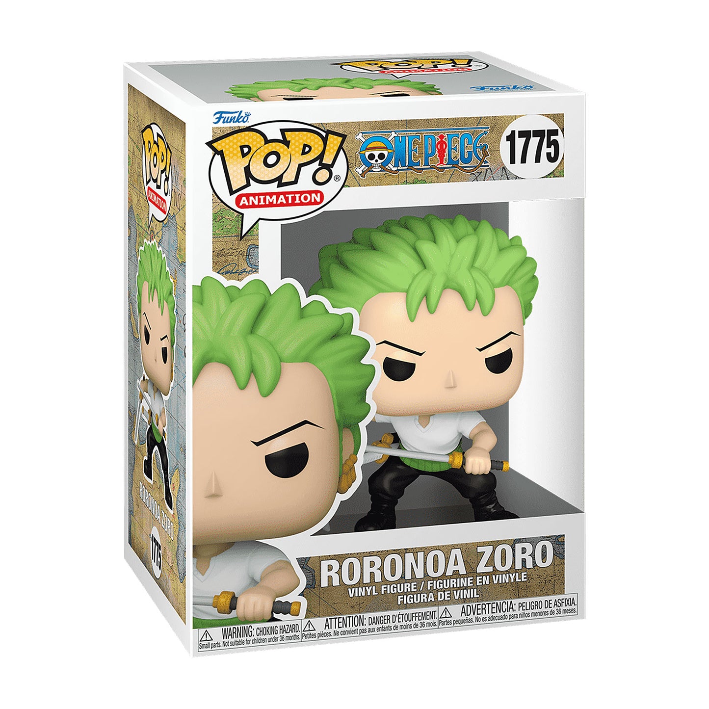 Funko Pop figure of Roronoa Zoro from One Piece, featuring his swords and determined expression, in collector packaging.