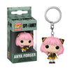 A Funko Pocket Pop! Keychain vinyl figure of Anya Forger from Spy x Family, shown next to its original window box packaging on a plain white background.