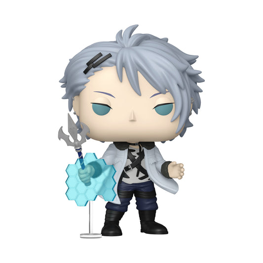 Funko Pop! vinyl figure of a character with spiky silver hair, blue eyes, a white lab coat over a black-and-white shirt, dark pants, and a trident accessory, shown on a plain white background.