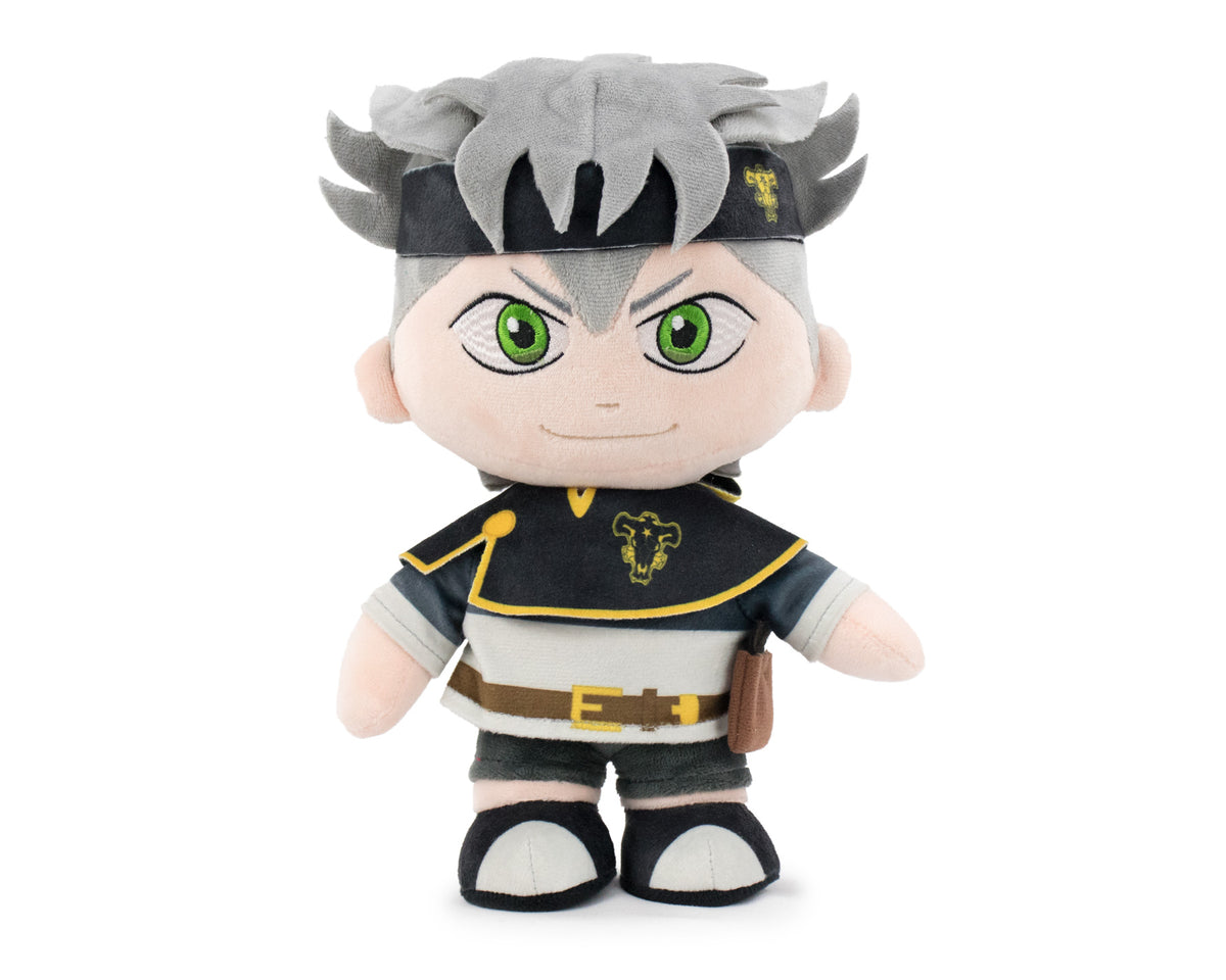 A plush toy character with spiky gray hair, green eyes, and a black outfit with yellow accents, standing against a plain white background.