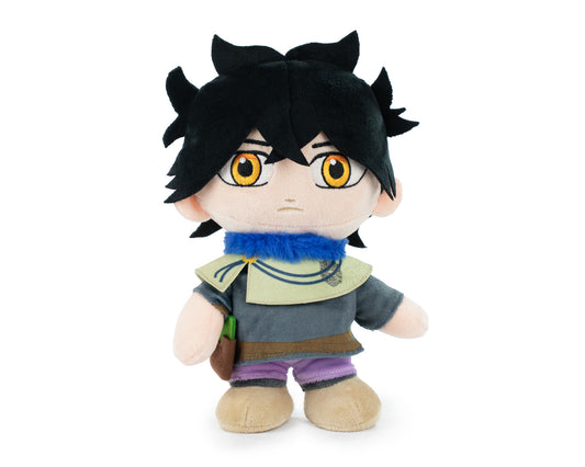 A plush toy character with spiky black hair, large yellow eyes, and a blue furry collar, wearing a gray top, light green collar detail, brown belt, purple pants, and beige shoes, shown on a plain white background.