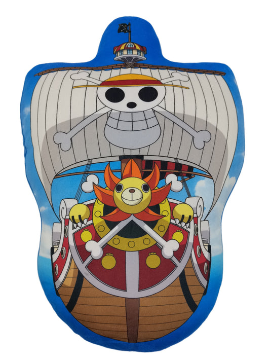 Cartoon ship with a skull and crossbones design on a blue background