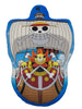 Cartoon ship with a skull and crossbones design on a blue background