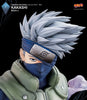Naruto Kakashi Biju collectible figure from the Crossed Destinies Collection, featuring detailed gray hair, a blue headband with the Naruto symbol, a blue ninja mask, and an olive green high-collar jacket against a black background.