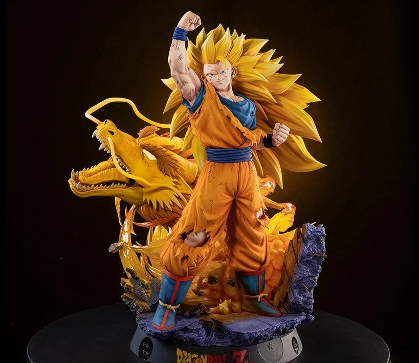 Dragon Ball Z Super Saiyan Gohan collectible statue in a dynamic fighting pose with his golden dragon behind him, displayed on a black background.