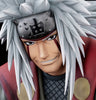 Close-up of a collectible anime figure showing the character Jiraiya with spiky white hair, a silver forehead protector, and a red cloak.