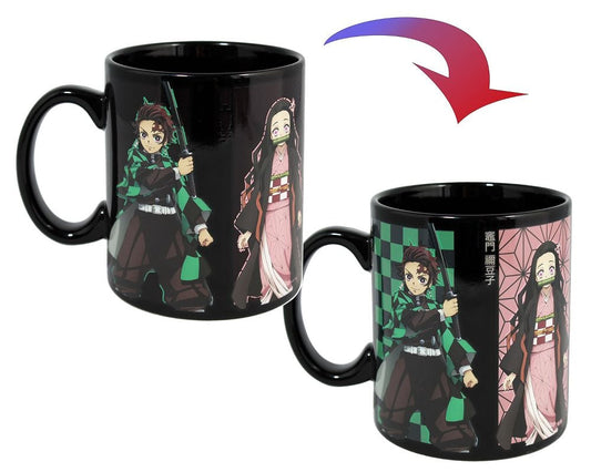 Black mug with anime character designs on a white background