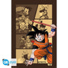 Dragon Ball character in an action pose with a collage of other characters in the background.