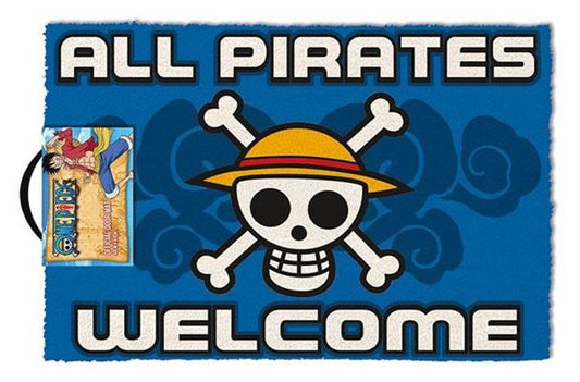 Doormat with skull and crossbones design and text 'All Pirates Welcome' on a blue background