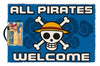 Doormat with skull and crossbones design and text 'All Pirates Welcome' on a blue background