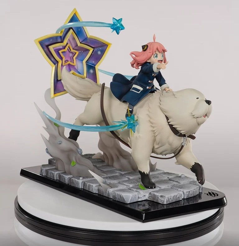A detailed anime figurine of Noelle from Attack on Titan riding a white dog-like mount, displayed on a gray stone-textured base with a black stand against a light gray background.