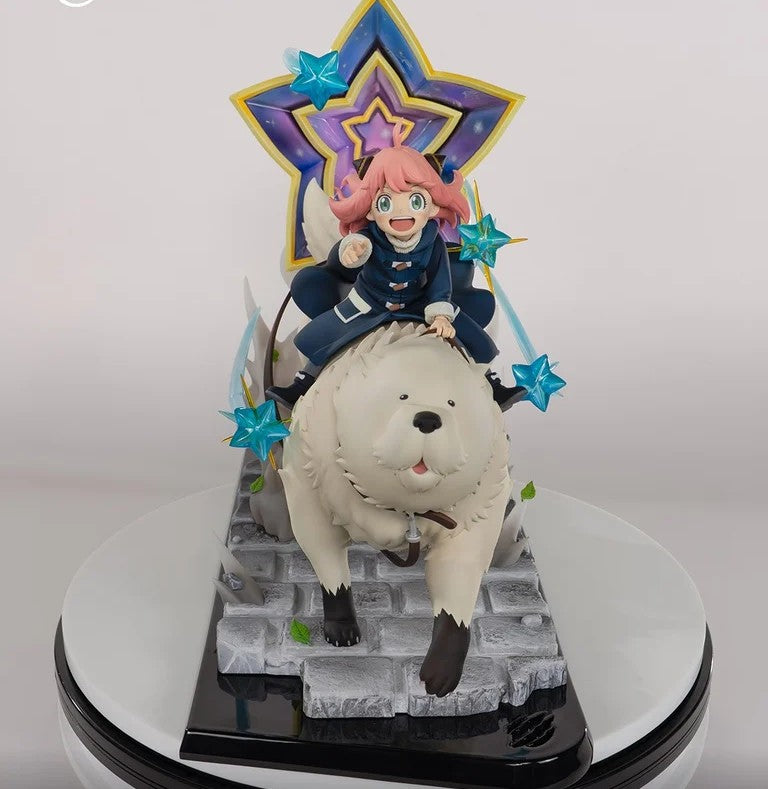 A detailed anime figurine of a girl with pink hair riding a large white dog, set against a star-shaped backdrop on a gray icy base, displayed on a white and black rotating stand.